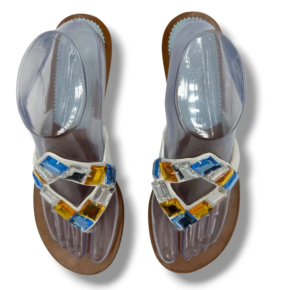 Cole Haan Womens White Leather Crystal Embellished Wedge Thong Sandals Size 8B